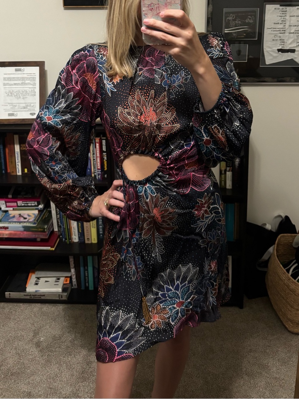 FARM Rio Black Floral Long Sleeve peep-hole Dress - Picture 5 of 6